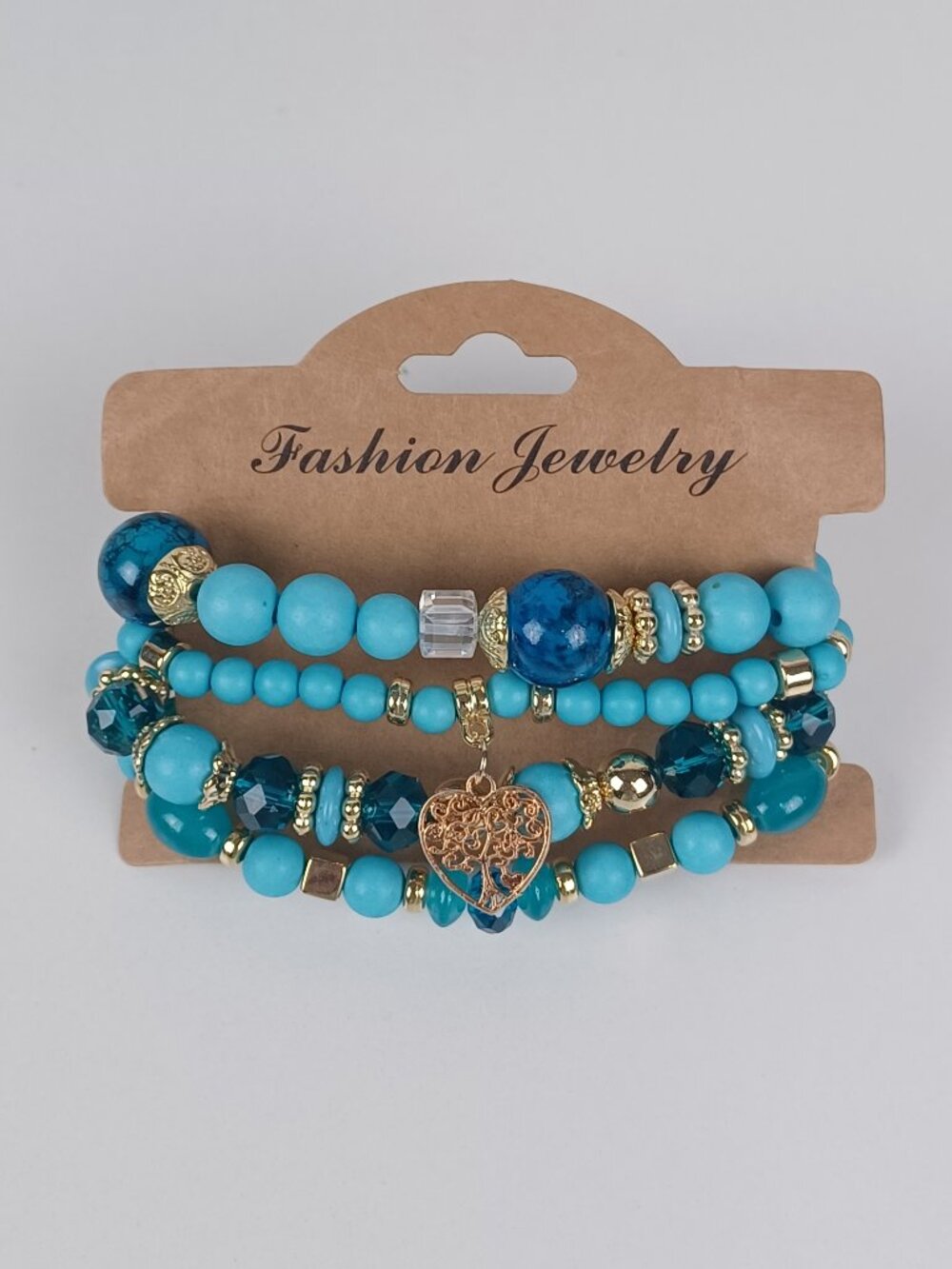 4-Piece Bohemian Beaded Bracelet Set - Blue Heart & Tree Pendants